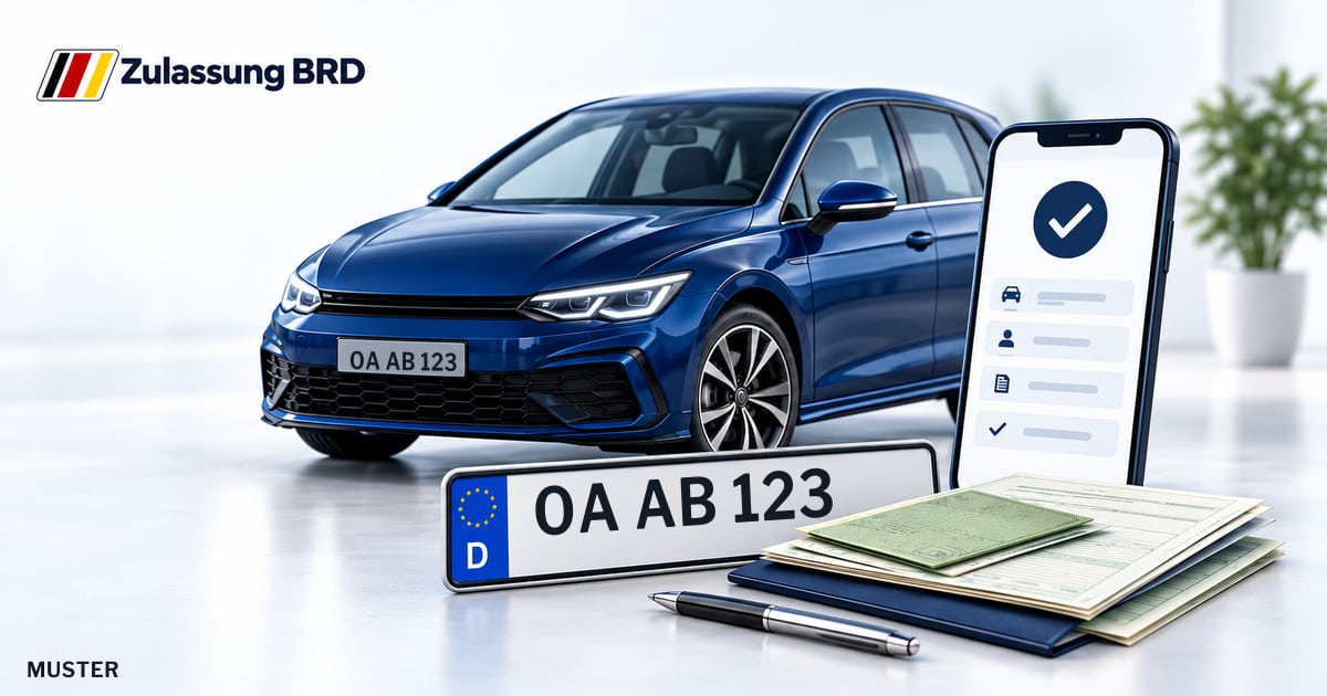 Online Fahrzeugzulassung in Altusried: Musterkennzeichen OA AB 123, Auto und Fahrzeugpapiere und Smartphone. Illustration mit Logo von Zulassung BRD.